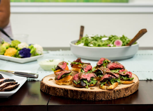 Healthy Mustard-Glazed Beef Tenderloin with Peach and Arugula Bruschetta