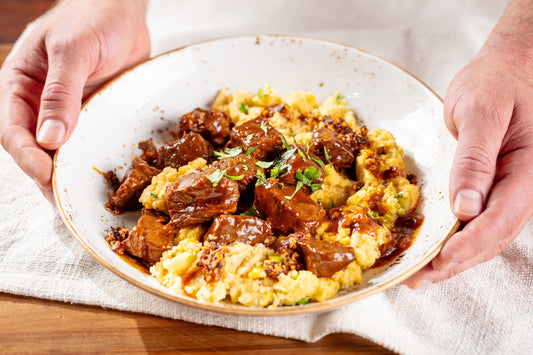 BBQ Beef Stew with Street Corn Polenta and Chili Crisp