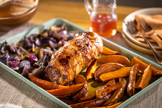 Sheet Pan Hot Honey Lamb with Onions & Sweet Potatoes