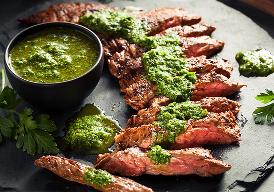 Cajun-Seared Grass-Fed Flank Steak with Spiced Chimichurri Sauce