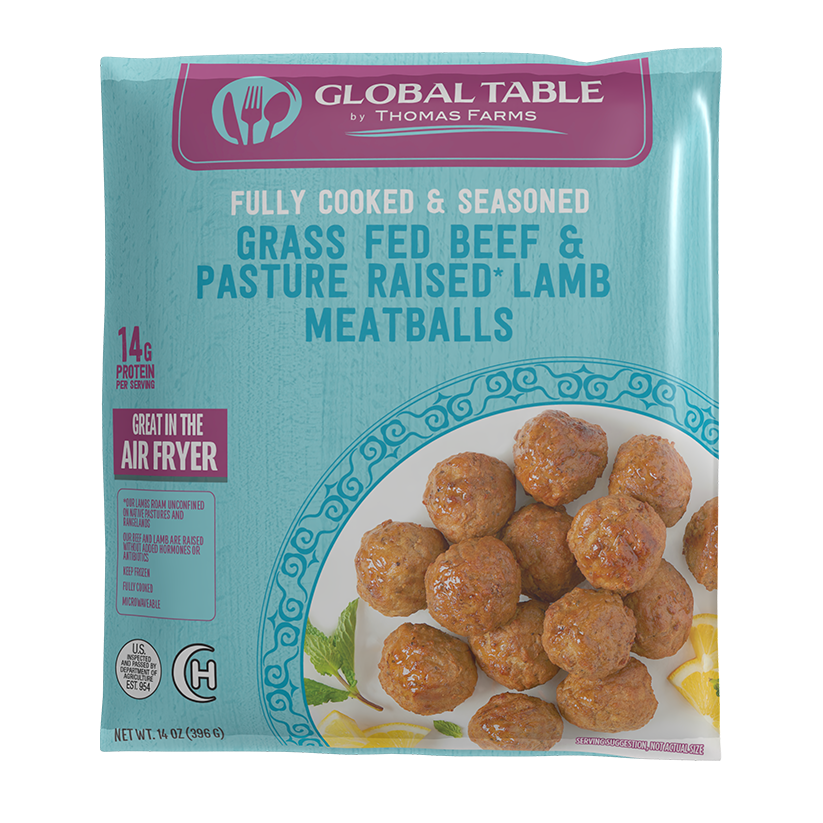 Grass Fed Beef &<br>Pasture Raised<br>Lamb Meatballs