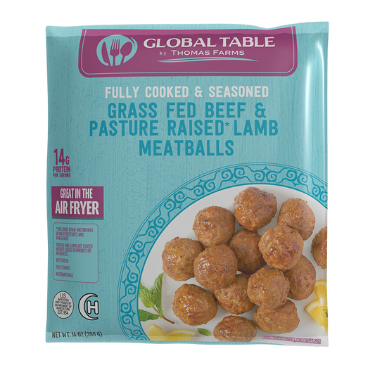 Grass Fed Beef &<br>Pasture Raised<br>Lamb Meatballs
